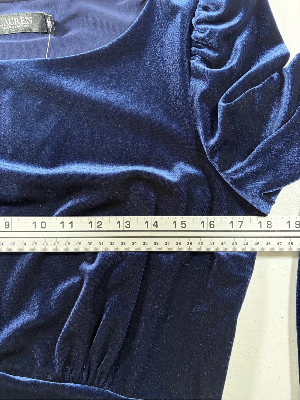 NWT LRL Navy Velvet Long-Sleeve Ruched Evening Sheath Dress (10) - Picture 9 of 16